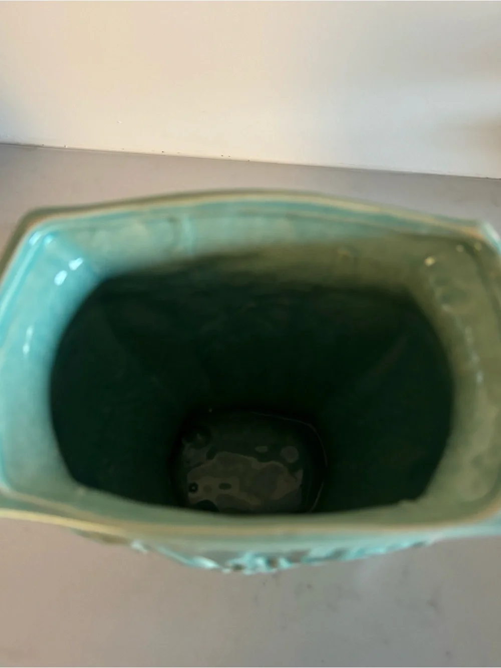Vintage McCoy Pottery Turquoise Chrysanthemum Vase Art Deco Handles 1950s 7